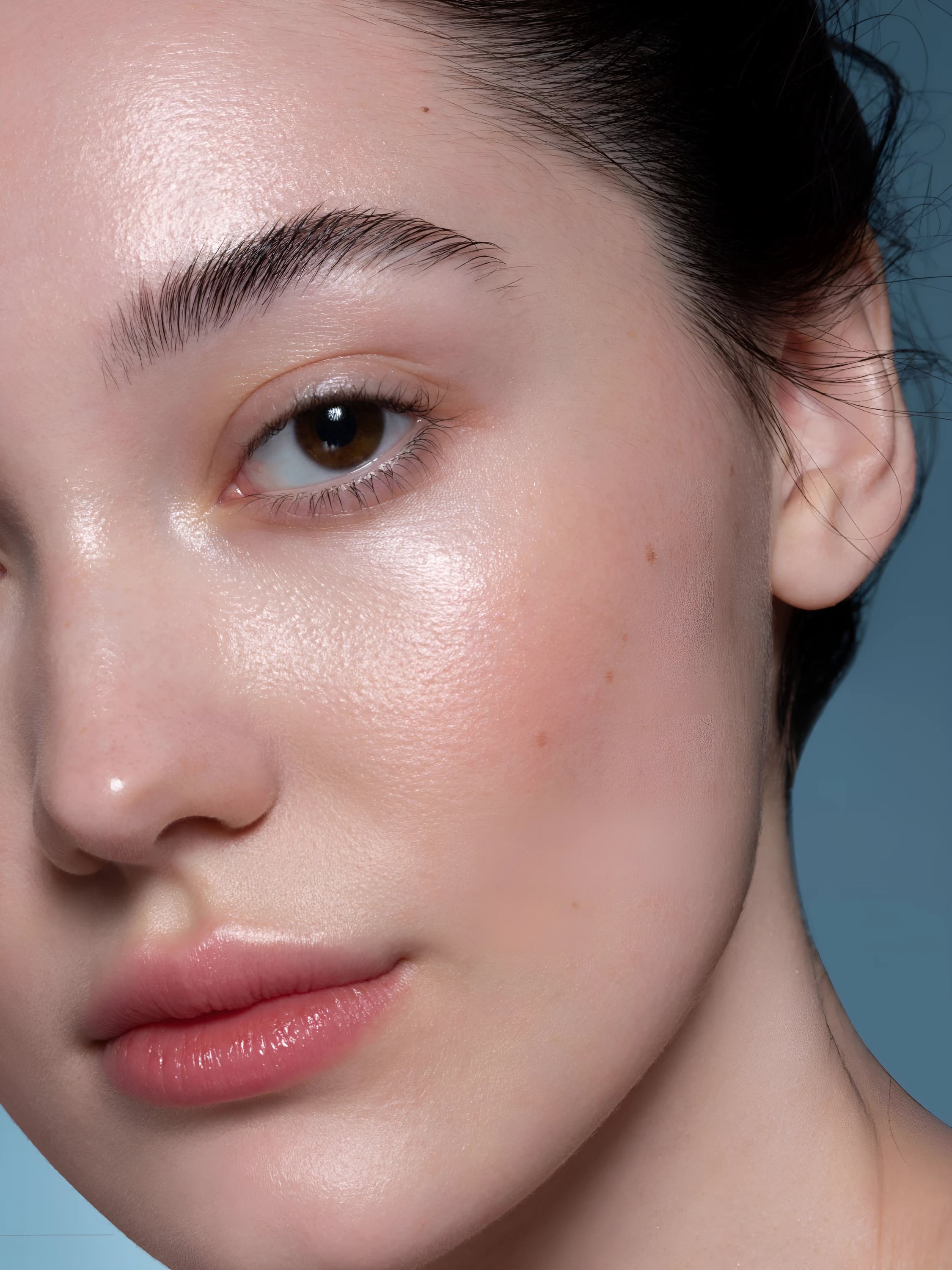 Close-up of a woman's face with smooth, dewy skin