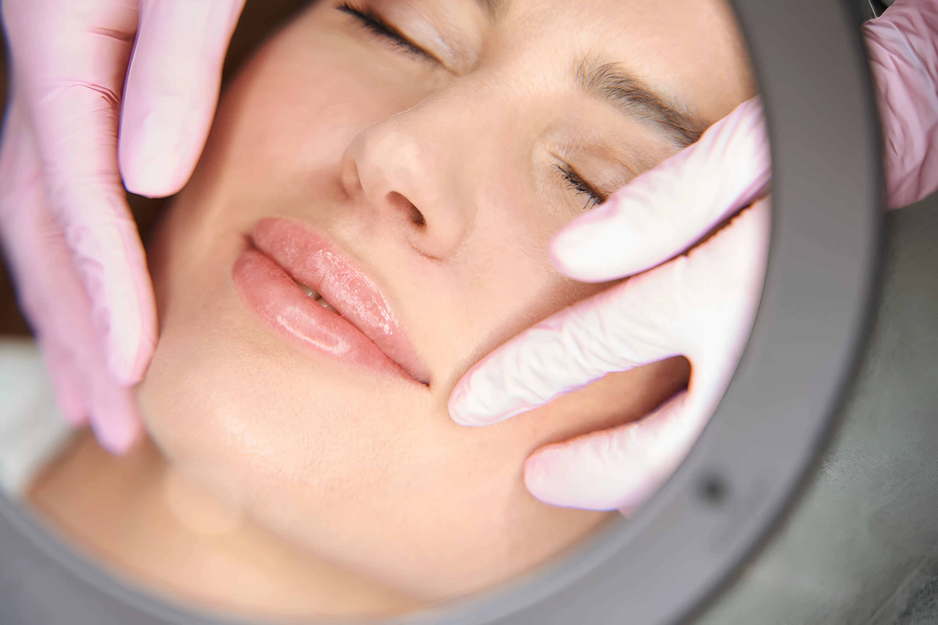Gloved hands frame a woman's face under a circular treatment lamp