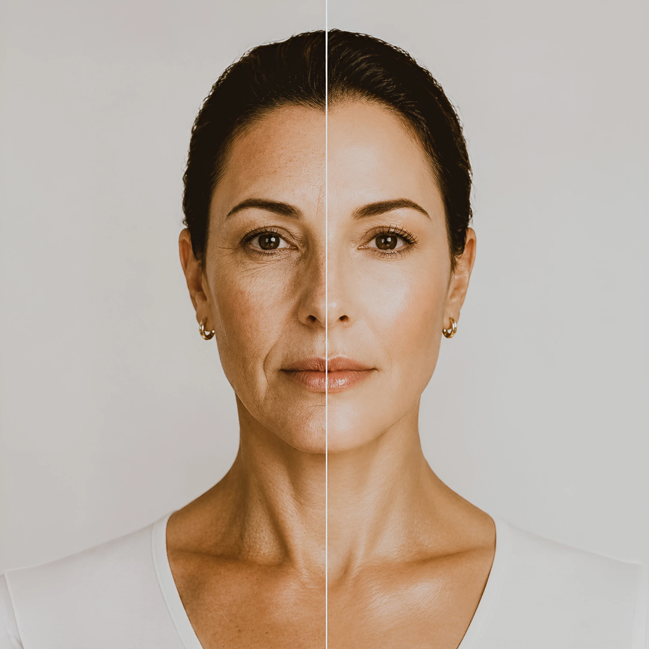 Split portrait of a woman's face, with expression lines on one side and smoother skin on the other